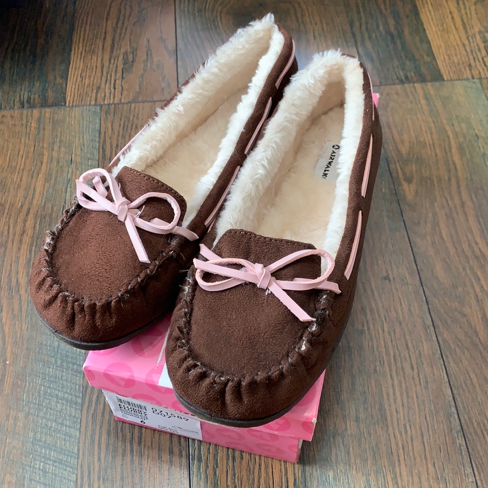 Brown and pink moccasins, size 6, worn once